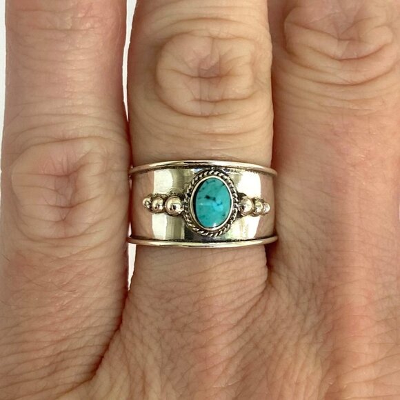 Sterling Silver 925 Oval Bezel Set Turquoise Cabochon Cigar Band Ring Sz 6.75 - Picture 2 of 16